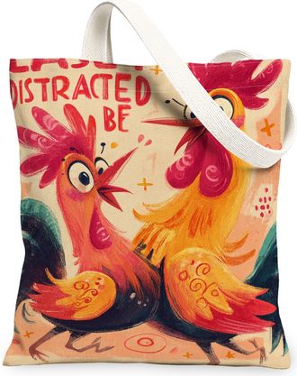 Generic Rooster Canvas Tote Bags, Fun Chicken Art Pattern Reusable Grocery Bags, Summer Vibrant Lightweight Washable Shoulder Strap, Colorful, 13x15 Inch