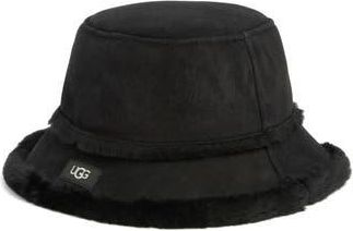 UGG Sheepskin Genuine Shearling Trimmed Bucket Hat in Black at Nordstrom Rack, Size Small/medium