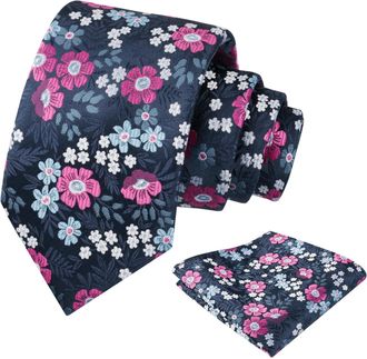 Alizeal Mens 8cm Floral Tie with Pocket Square Fashion Elegant Wedding Business Necktie Set, Navy+Hot Pink