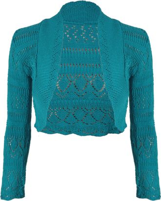 Purple Hanger New Ladies Long Sleeve Crochet Bolero Shrug Top Womens Plain Cropped Knitted Open Cardigan Tops Green Size 8-10