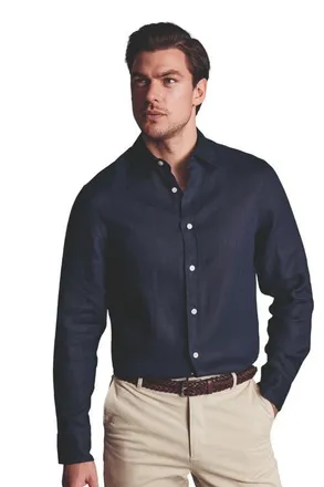 CHARLES TYRWHITT Slim Fit Pure Linen Shirt in Navy at Nordstrom, Size Small