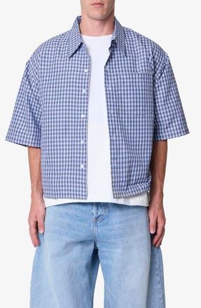 mnml Crispy Oversize Check Short Sleeve Cotton Poplin Button-Up Overshirt in Blue at Nordstrom, Size Xx-Large