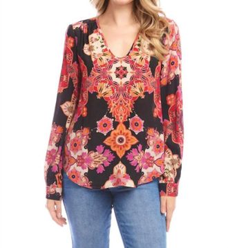 Karen Kane Womens Long Sleeve Shirred Blouse In Geometric