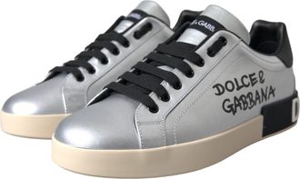 Dolce & Gabbana Silver Portofino Calf Leather Sneakers Men Shoes Black |