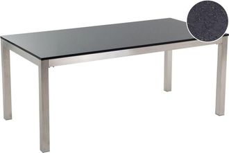 Beliani Mesa De Comedor De Jard&iacute;n Con Tablero De Granito Negro Y Plateado Patas De Acero Para 6 Personas 180 X 90 X 74 Cm Grosseto
