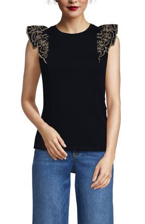 Lands End Embroidered Ruffle Tank Top in Black at Nordstrom, Size X-Small