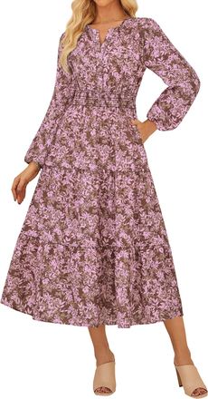 Grace Karin Maxi Floral Dresses for Women UK Casual A-line Tiered Boho Dress for Party Evening Cocktail CL37-07/Brown with Pink Flower XXL