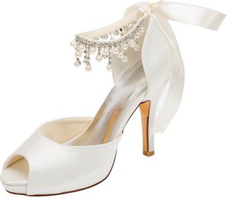 Emily Bridalwear Wedding Shoe Ivory Wedding Shoes Satin High Heels Peep Toe Pearls Lace Up Bridal Shoes (EU42/UK8.5, Ivory)