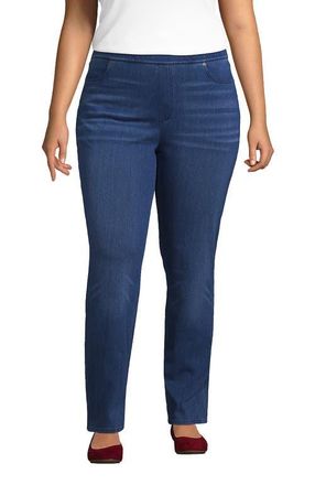 Lands End Starfish High Rise Knit Denim Straight Jeans in Medium Sea Blue at Nordstrom, Size 3X