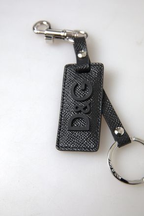 Dolce & Gabbana Mens Black Dg Logo Leather Silver Metal Keychain Accessory
