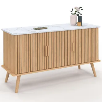 IDMarket Credenza Juliette 110 Cm, Piano Effetto Marmo, 3 Ante A Doghe, Doghe In Legno Color Rovere