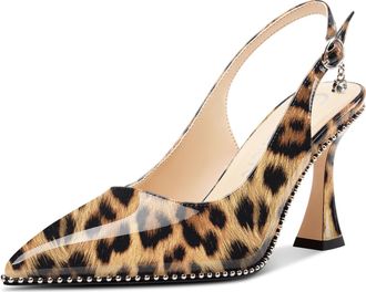 Castamere Womens Slingback Kitten Heel Close Pointed Toe Pumps Court Shoe Chunky Wedding Party Dress Shoes 9 CM Heels Brown Leopard 3.5 UK