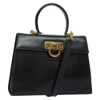 Ferragamo Gancini Convertible Top Handle Leather Black Leather Handbag (Pre-Owned)