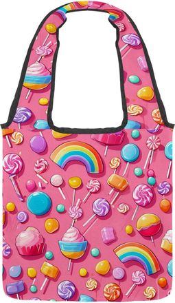 Generic Pink Candy Pattern Reversible Canvas Shoulder Tote - Double-Sided Print, 12oz Cotton, 27cm Drop, Fold-Flat Bag for Travel, Shopping, Street Outings