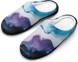 Generic Abstract Blue Pattern Mens House Slippers Memory Foam Washable Cotton Slip on Home Shoes