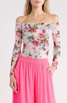 L'agence Peonie Off the Shoulder Long Sleeve Mesh Bodysuit in Light Pink Multi Femme Rose at Nordstrom Rack, Size Xx-Small