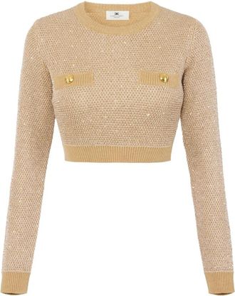 Elisabetta Franchi Rondgebreide trui - Dames - Ronde hals truien - Beige - S - Wol - Truien & Vesten
