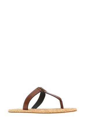 Saint Laurent Womens Brown Leather Babylone Thong Slippers Bruciato Flat Shoes