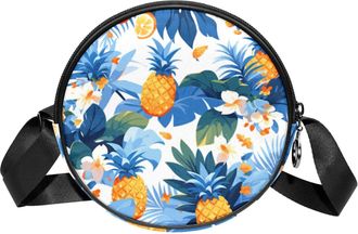 Generic Circle Crossbody Bag for Women, Tropical Pineapple Small Sling Bag Daypack with Zipper Adjustable Shoulder Straps Casual Ladies Girls Round Purse