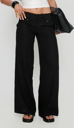 Princess Polly Pedra Low Rise Cotton & Linen Wide Leg Pants in Black at Nordstrom, Size 4