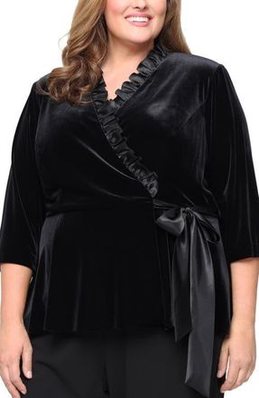 Alex Evenings Stretch Velvet Wrap Top with Satin Ruffle Detail in Black at Nordstrom, Size 3X