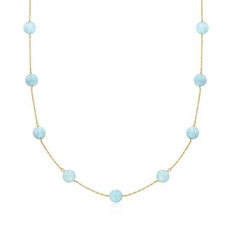 Ross-Simons Aquamarine Bead Station Necklace in 14kt Yellow Gold