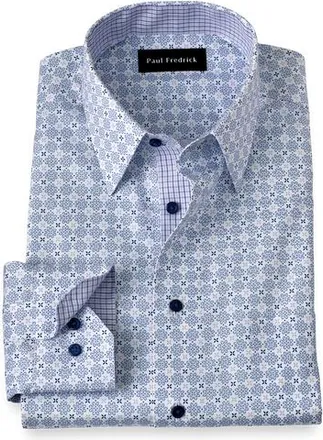 Paul Fredrick Cotton Point Collar Pinpoint Tailored Contrast Trim Button Cuff Long Sleeve in White/purple at Nordstrom, Size 17 X 32