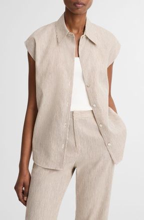 Vince Ticking Stripe Cap Sleeve Linen & Cotton Button-Up Shirt in Taupe Wood at Nordstrom, Size Xx-Small