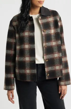 Bernardo Crop Flannel Jacket in Brown Plaid at Nordstrom, Size Xx-Large