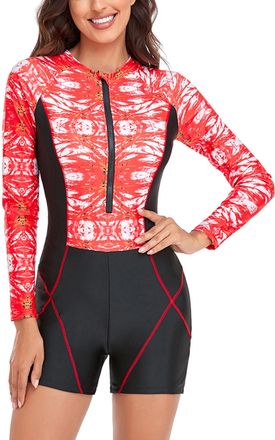 Feoya Womens Long Sleeve One Piece Swimsuit Zip Front Rash Guard Floral Swimming Costume Quick Dry Surfing Bathing Suit Printed Swimwear for Women UK Sun Pr