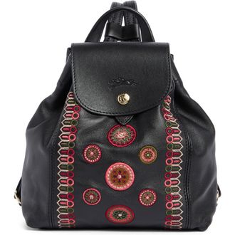 Longchamp Embroidered Leather Backpack in Black/fig/khaki at Nordstrom Rack