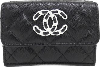 Chanel Black White Grained Calfskin Wallet (Tri-Fold) (Pre-Owned)