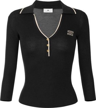 Elisabetta Franchi Geribd gebreide poloshirt - Dames - V-hals truien - Zwart - S - Wol - Truien & Vesten
