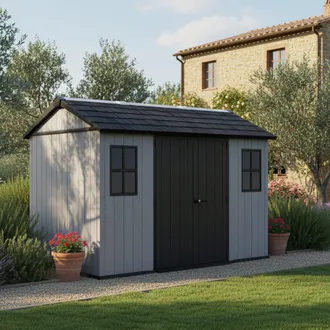Dmora Caseta De Jard&iacute;n Rockport, Cerrable, Acabado En Resina, Con Ventanas, Techo A Dos Aguas, 230x350x246h Cm Gris