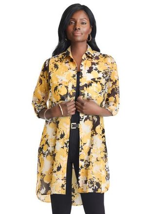 Jessica London Sheer Georgette Mega Tunic in Yellow Graphic Garden at Nordstrom, Size 36