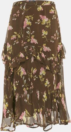 Ralph Lauren Polo Ralph Lauren Brown Floral Print Chiffon Ruffled Midi Skirt