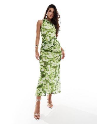 Asos mesh twist one shoulder midi dress with hitched skirt detail in green floral-Multi