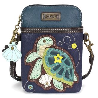 Chala Ocean Collection Cell Phone Crossbody Purse-Women PU Leather/Canvas Multicolor Handbag with Adjustable Strap, Turtle a - Navy, One Size