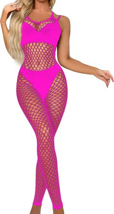 Generic Cutout Push Up Lingerie Crotchless Halter Romper Naughty Sexy Lingerie Set Kawaii with Stocking Solid Sling Fishnet Hot Pink