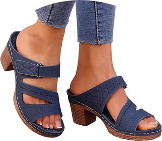 Generic Chunky Sandals Womens Heeled Sandals Open Toe Slip on Block Womens Chunky Mid Heels Ankle Square Heels Sandal Slippers Casual Comfortable Summer Backl