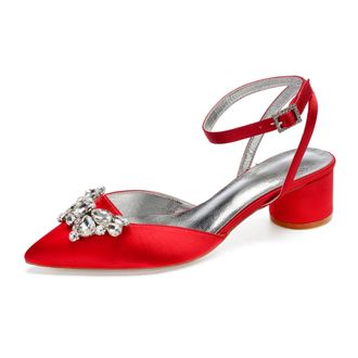 Generic Heels Wedding Shoes Pointed Toe Slingback Bridal Low Block Heels Comfortable Prom Evening Formal Party Shoes 4.5Cm,red,2 UK
