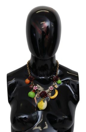 Dolce & Gabbana Fruit Pendant Flower Crystal DG Logo Gold Brass Womens Necklace