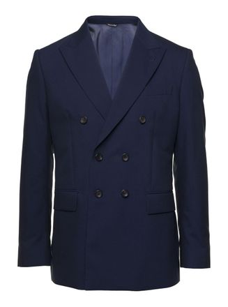 Reveres 1949 Blue Double-Breasted Blazer With Pointed Reverses In Wool And Cotton Blend Man