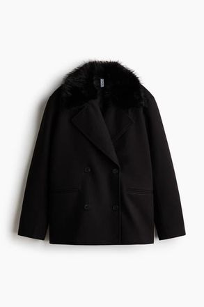 H&M Fluffy-collared Pea Coat in Black at Nordstrom, Size Xx-Large