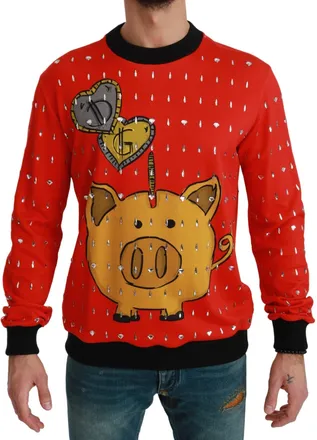 Dolce & Gabbana Mens Red Crystal Pig Of The Year Sweater Cotton Clothing