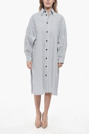 Bottega Veneta Cotton Shirt Dress with Balanced Striped Pattern and Cape Sleeves Bottega Veneta