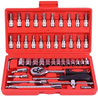 OEM Juego De 46 Piezas De Llaves De Vaso Y Carraca De Cromo Vanadio De 1/4 Con Adaptador Para Llave De Carraca, Juego De Llaves De Vaso, Rojo