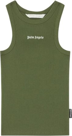 Palm Angels Green Logo Round Neck Tank Top