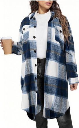 Generic Blue Womens Long Plaid Shirt, Long Sleeve Button Down Tunic Tops with Pockets, Asymmetric Hemline Checked Print Open Front Cardigan, Casual Shirt Jack