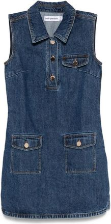 Self Portrait Indigo Blue Sleeveless Mini Dress With Classic Spread Collar